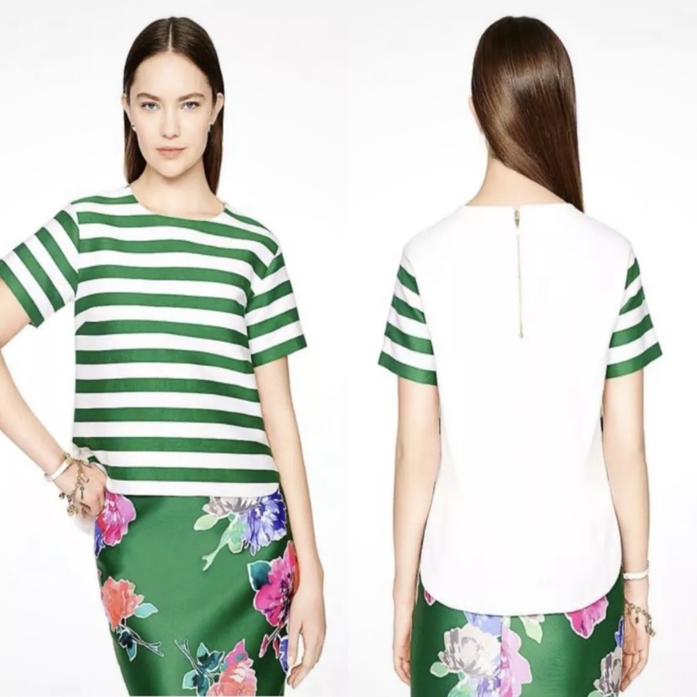 KATE SPADE Green/White Stripe Silk Blend Short Sleeve Ramona Top